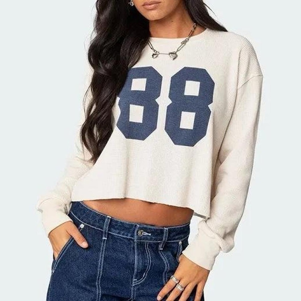 Edikted Cream and Navy Graphic Long Sleeve Top